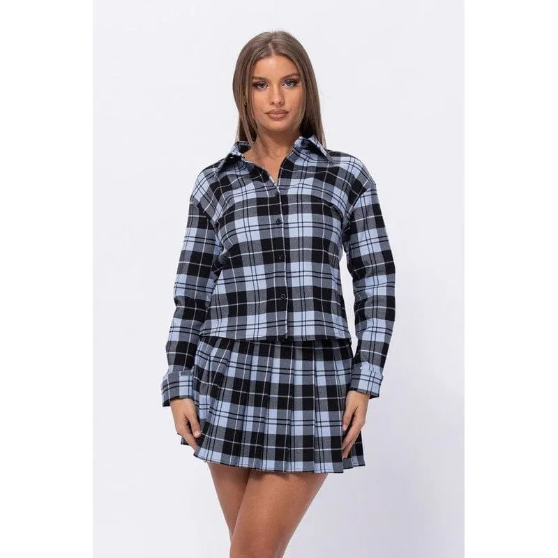 Plaid Loose Shirts and Pleated Skirt Set