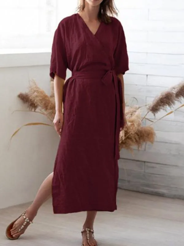 Pure Color Belted  Slit Half Sleeve Dress