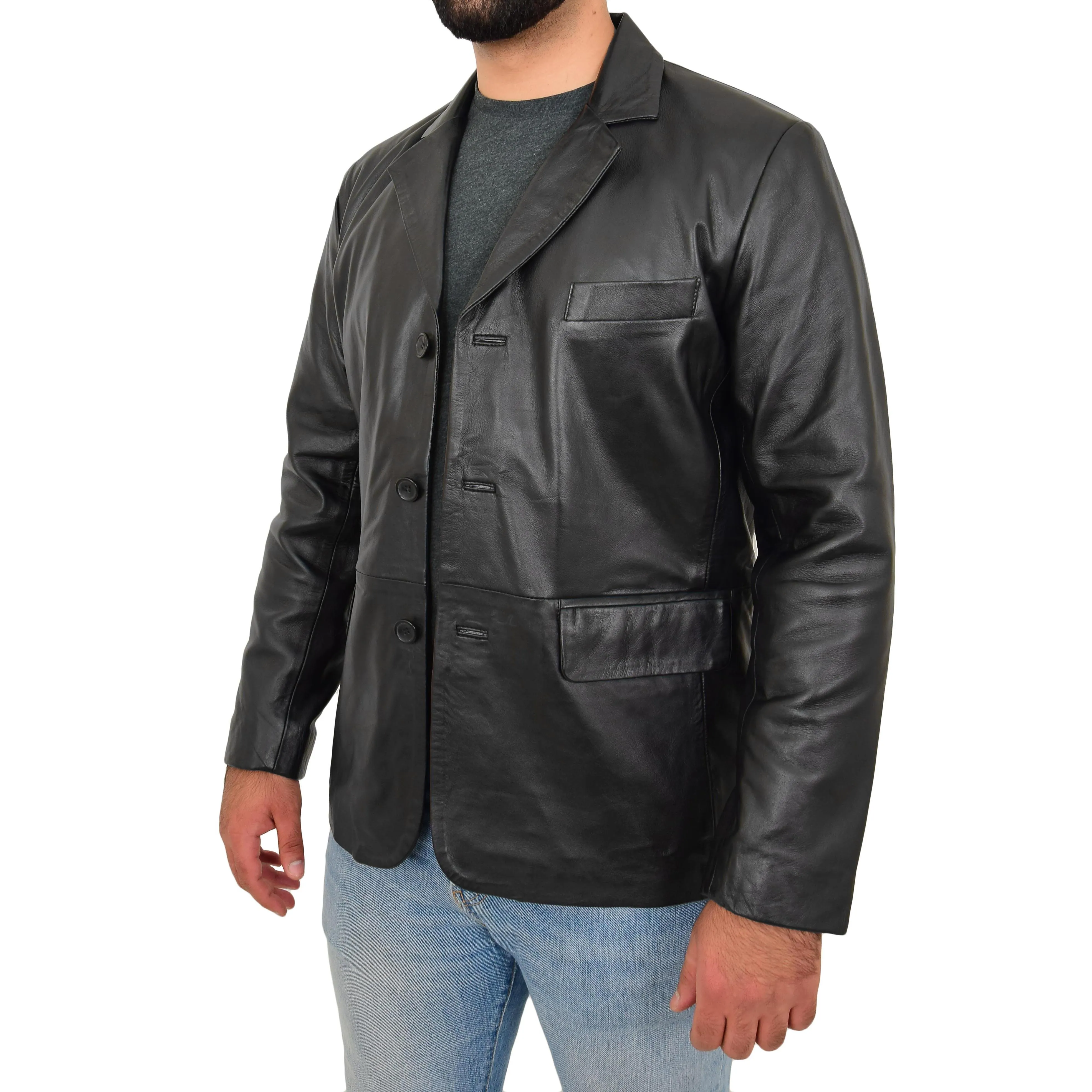 Real Leather Classic Blazer For Mens Smart Casual Black Jacket Kevin