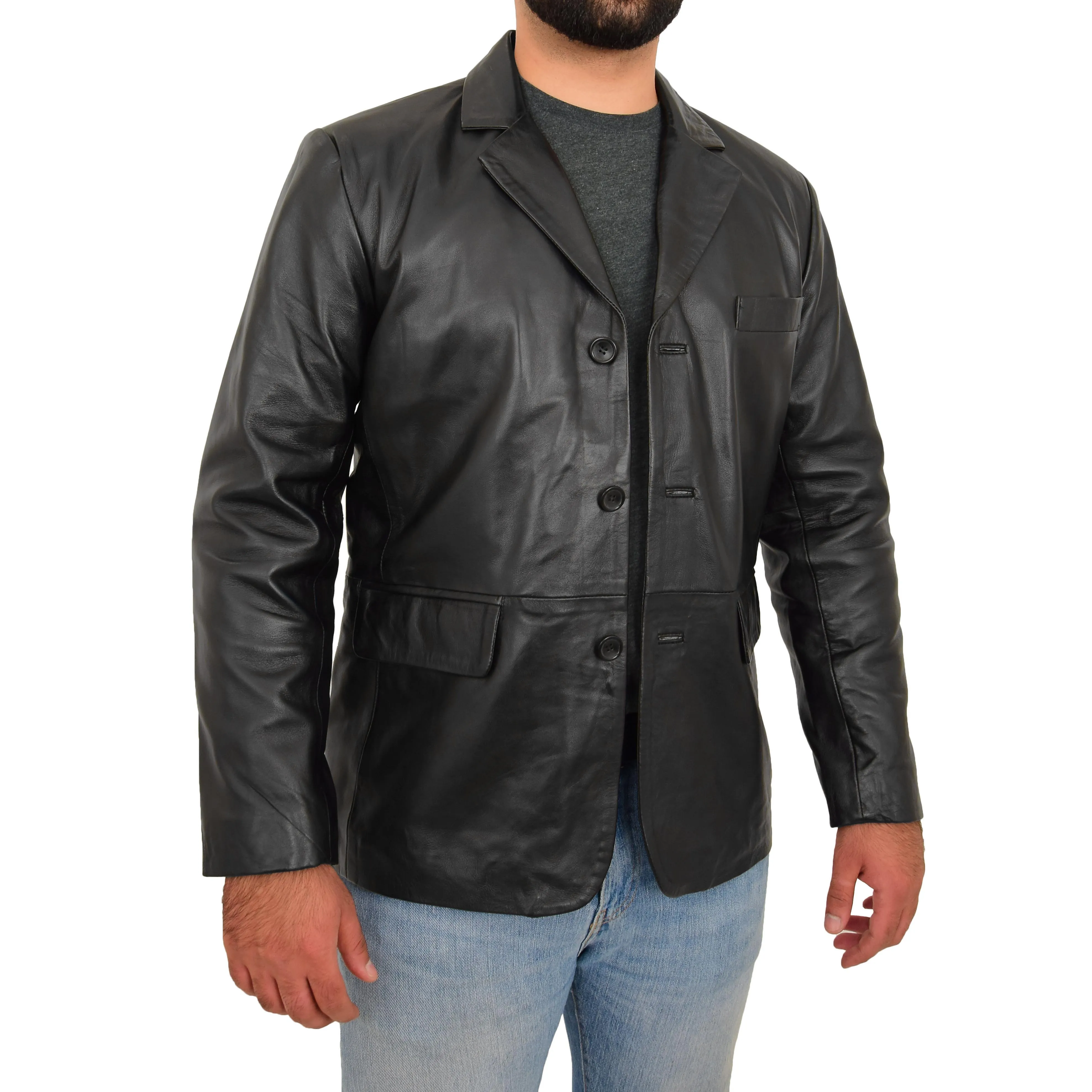 Real Leather Classic Blazer For Mens Smart Casual Black Jacket Kevin