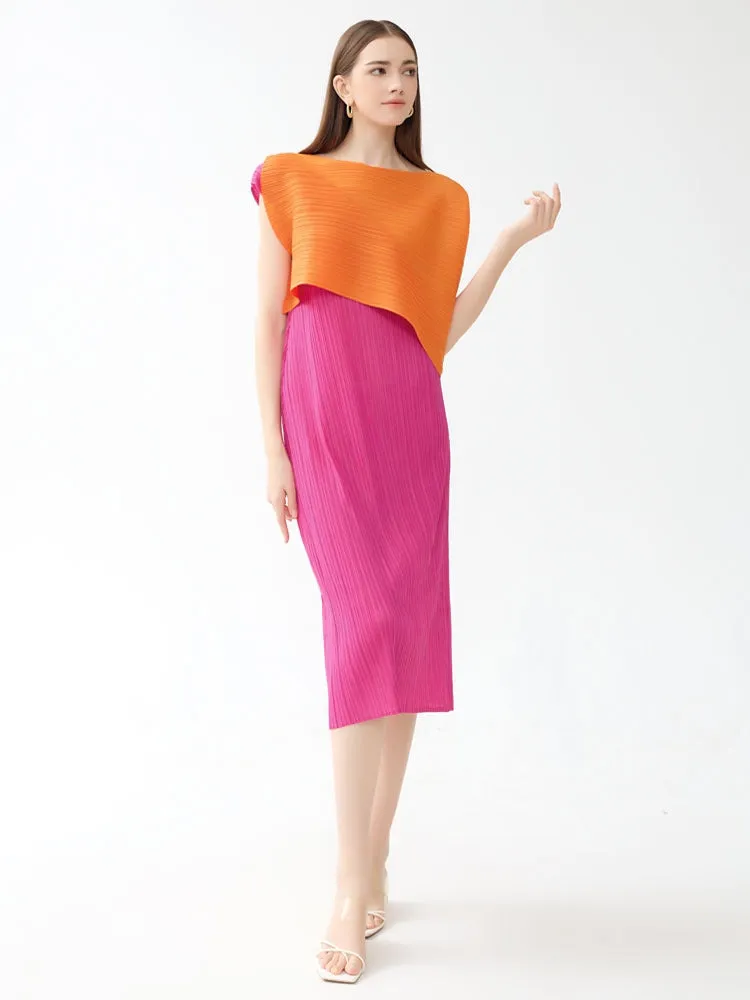 Round Neck Pleated Color Block Midi Dress