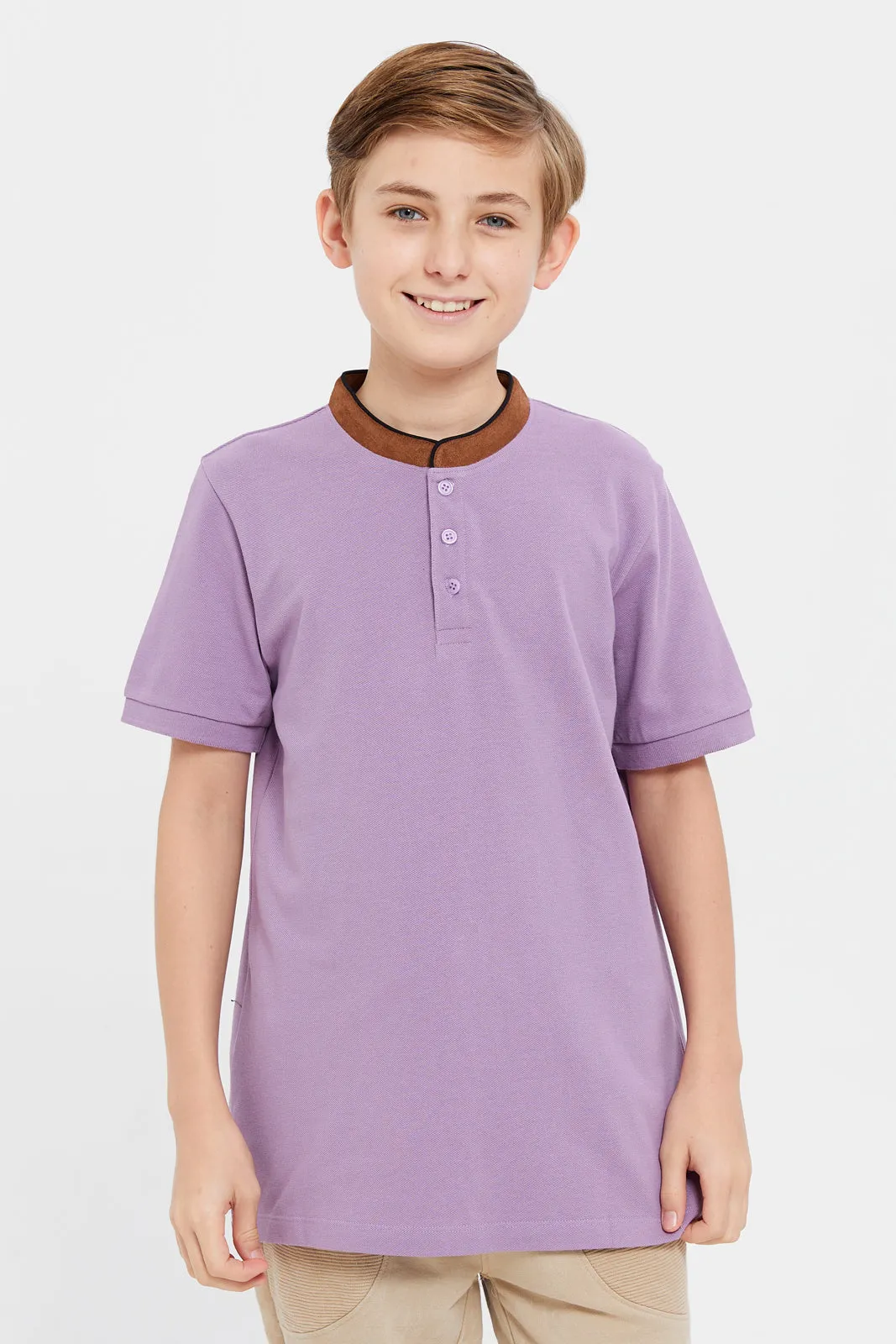 Senior Boys Lilac Mandarin Collar Polo Shirt