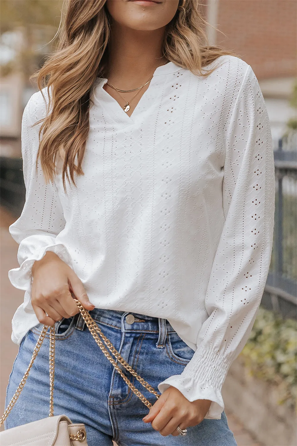 Split Neck Textured Loose Blouse