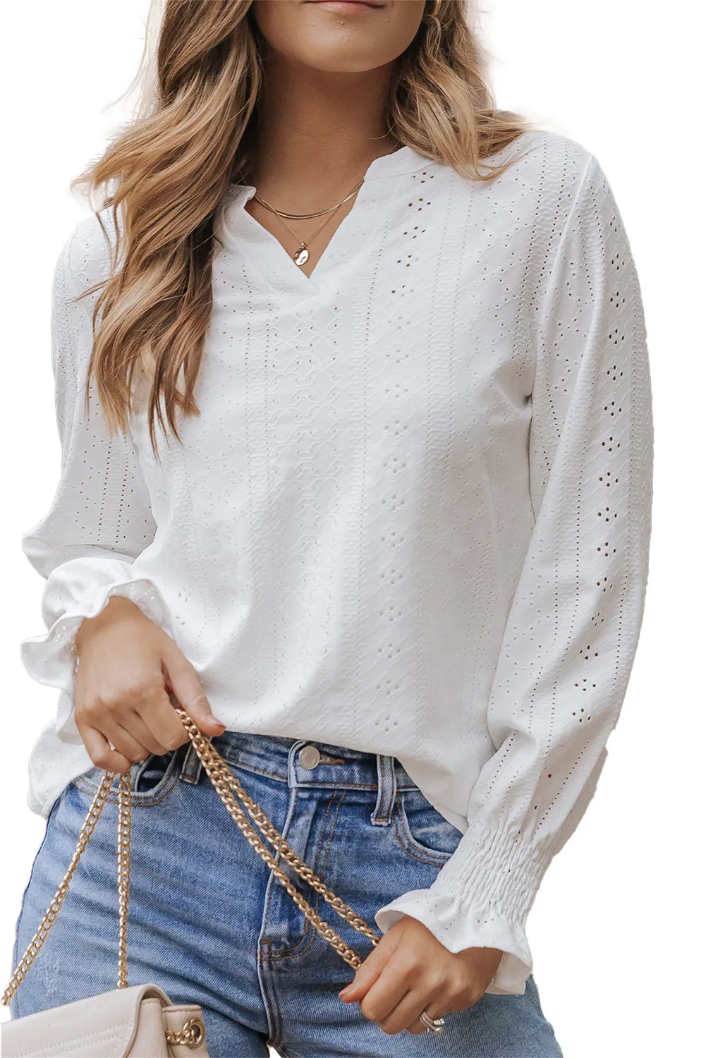 Split Neck Textured Loose Blouse