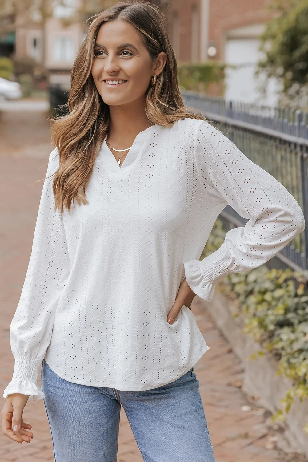 Split Neck Textured Loose Blouse