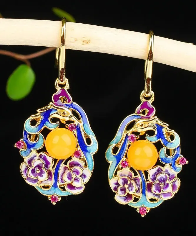 Sterling Silver Inlaid Beeswax Floral Drop Earrings