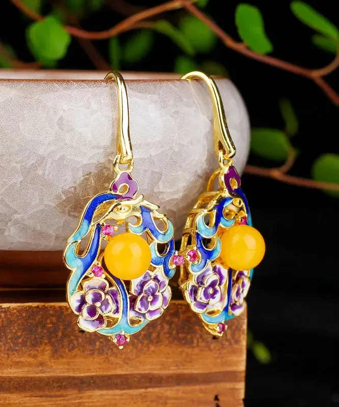 Sterling Silver Inlaid Beeswax Floral Drop Earrings