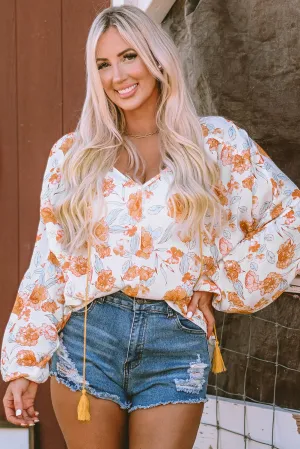 Tassel Tie V Neck Floral Blouse