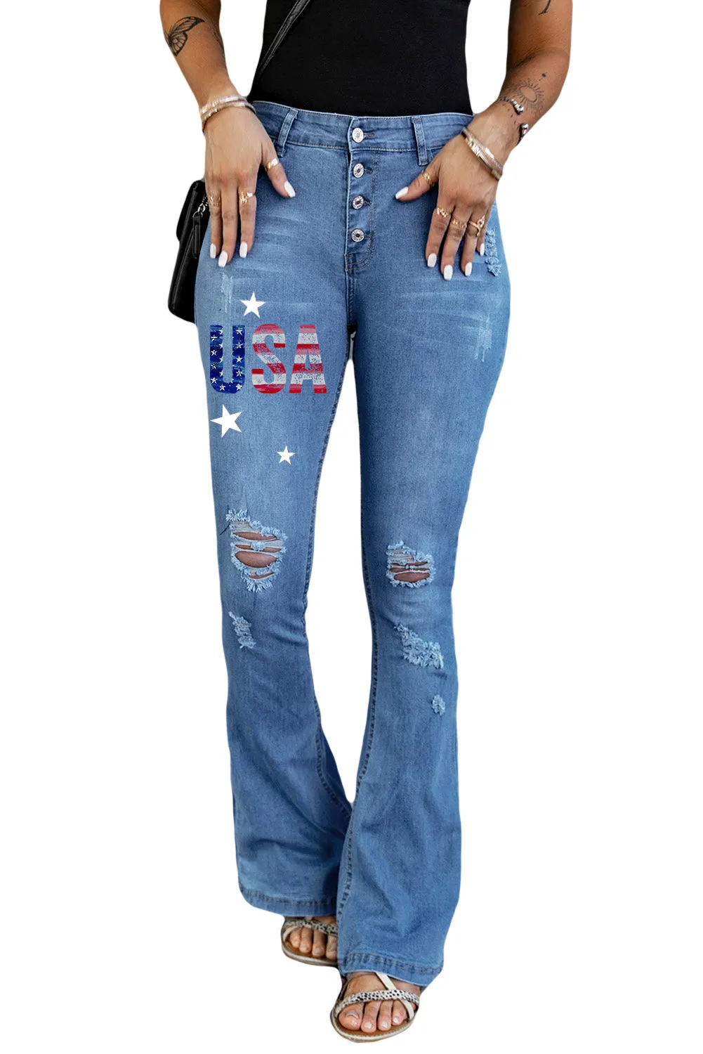 USA Star Ripped Jeans for Women Distressed Flare Jeans