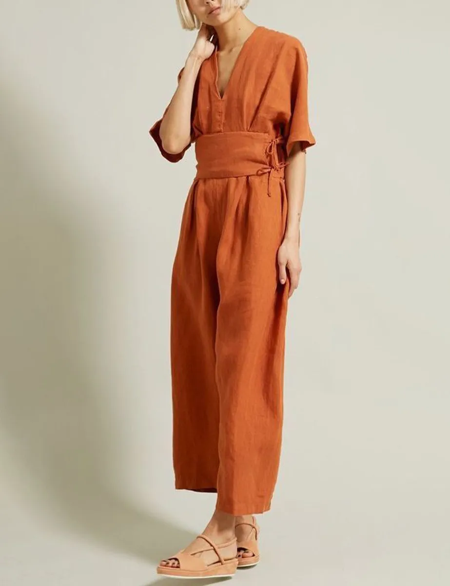 Vintage Belted Linen Jumpsuit